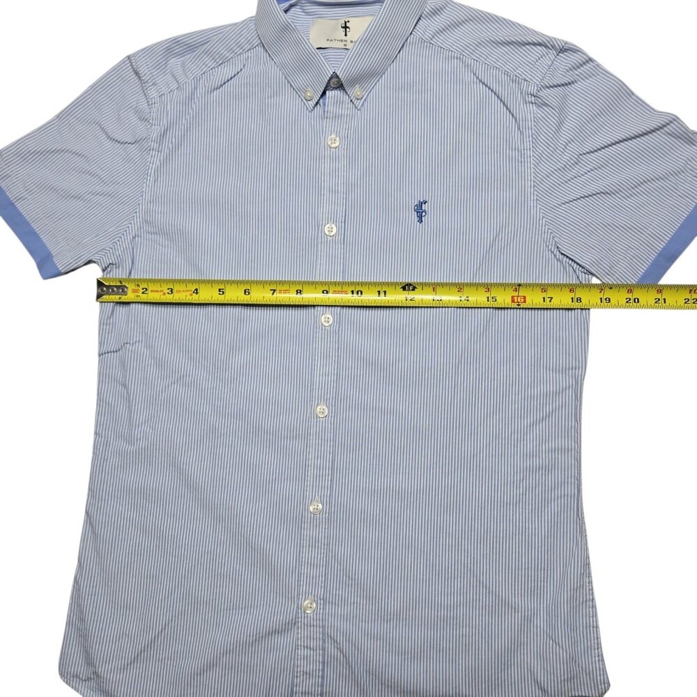 Father Sons Shirt Mens Small Blue White Striped Short Sleeve Button Up Logo - Picture 2 of 12